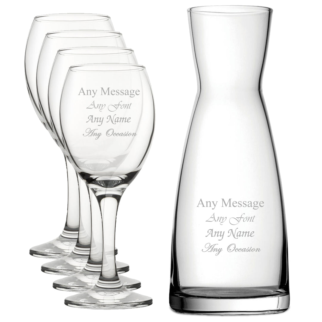 Personalised Engraved Set of 4 Pure Wine Glass and Contemporary Carafe Set Image 1