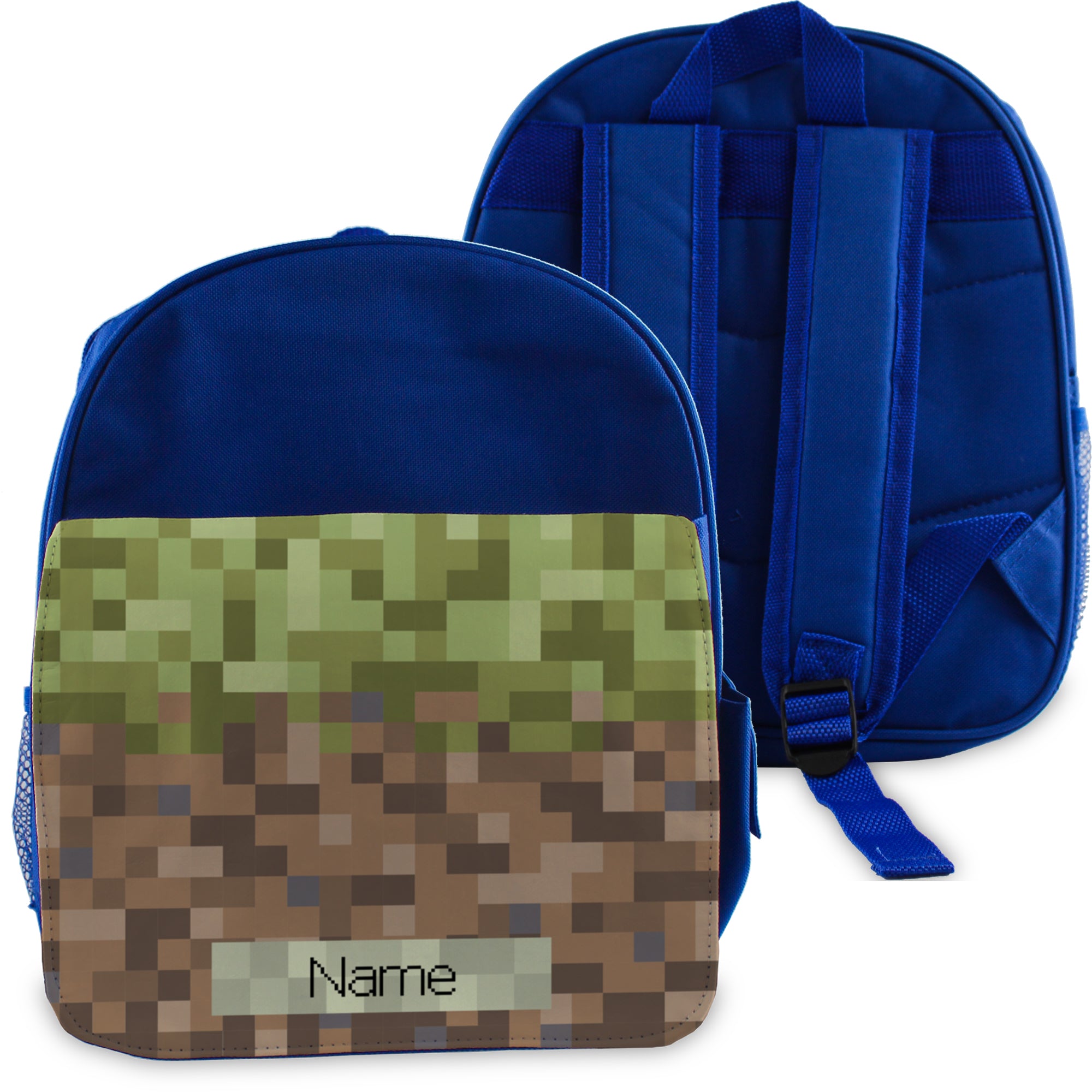 Printed Kids Blue Backpack with Pixel Game Ground Design, Customise with Any Name Image 1