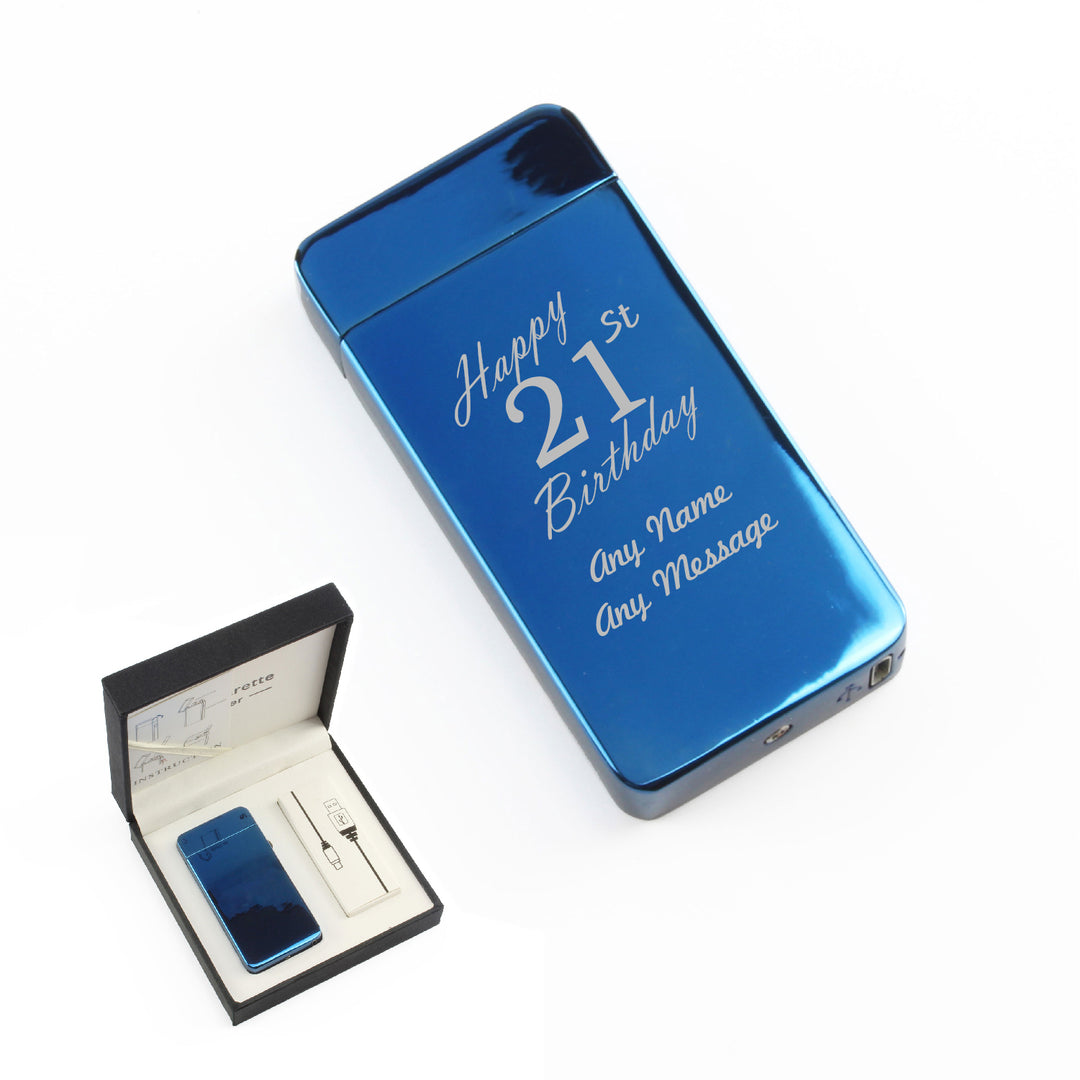 Engraved Electric Arc Lighter, Blue, Happy 21st Birthday, Gift Boxed Image 1