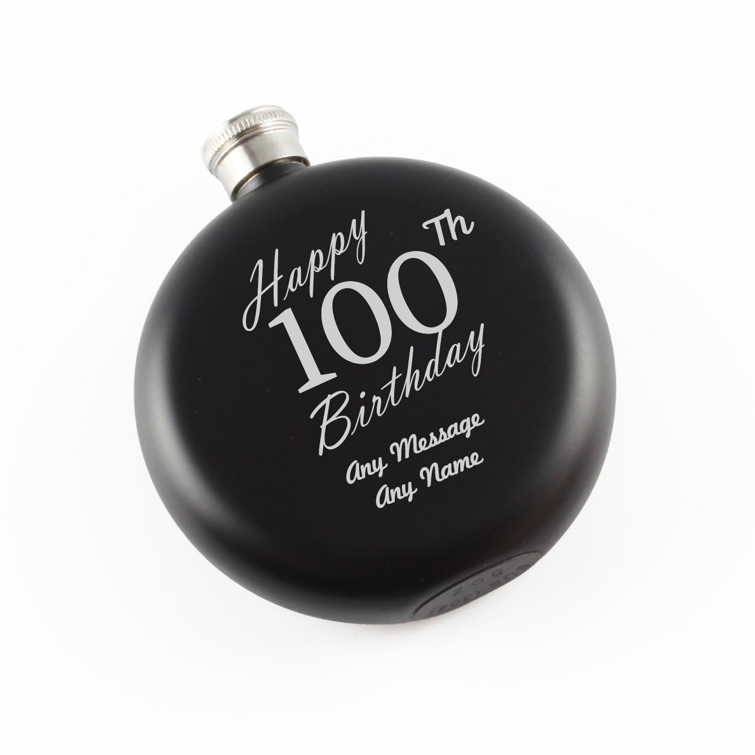 Engraved 5oz Round Black Hip Flask Happy 100th Birthday Image 1