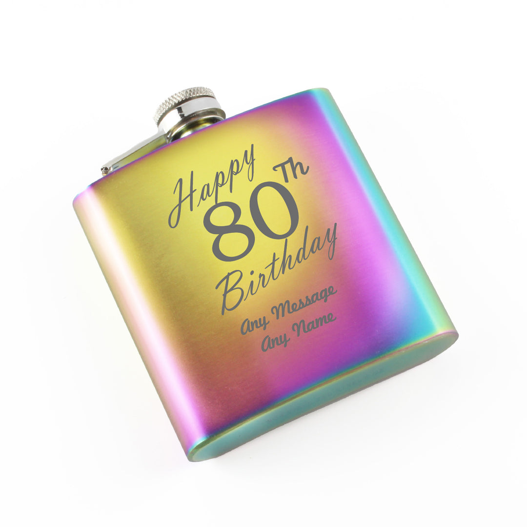 Engraved 6oz Rainbow Steel Hip Flask Happy 80th Birthday Image 1
