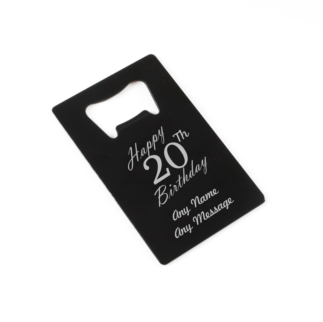 Engraved Portable Wallet Card Bottle Opener Black Happy 20th Birthday Image 1