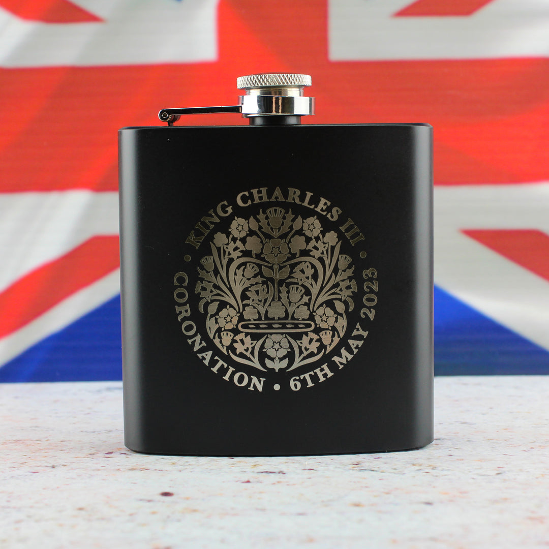 Engraved Commemorative Coronation of the King Black Hip Flask Image 3