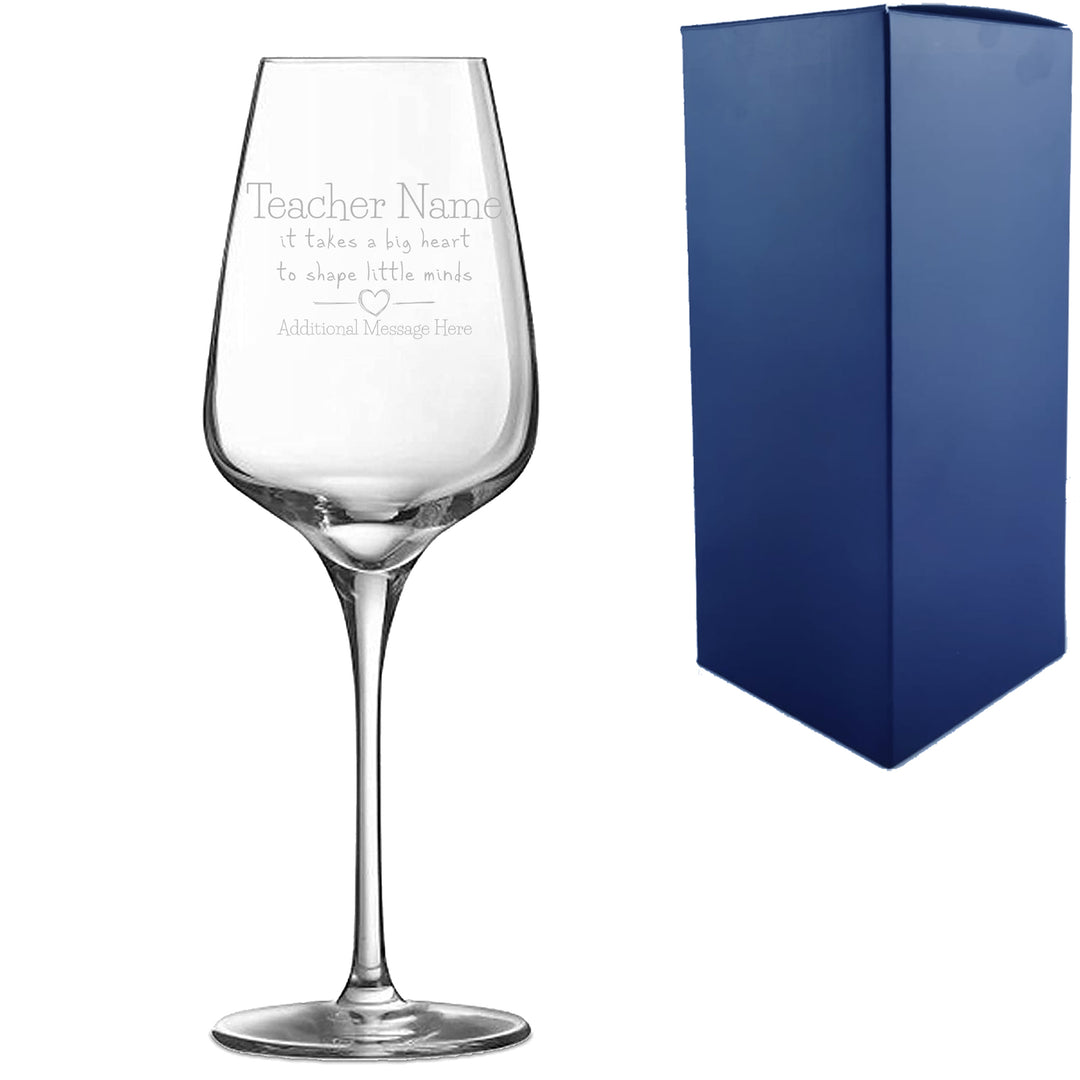 Engraved Teacher Wine Glass with A Big Heart shapes Little Minds Design Image 1