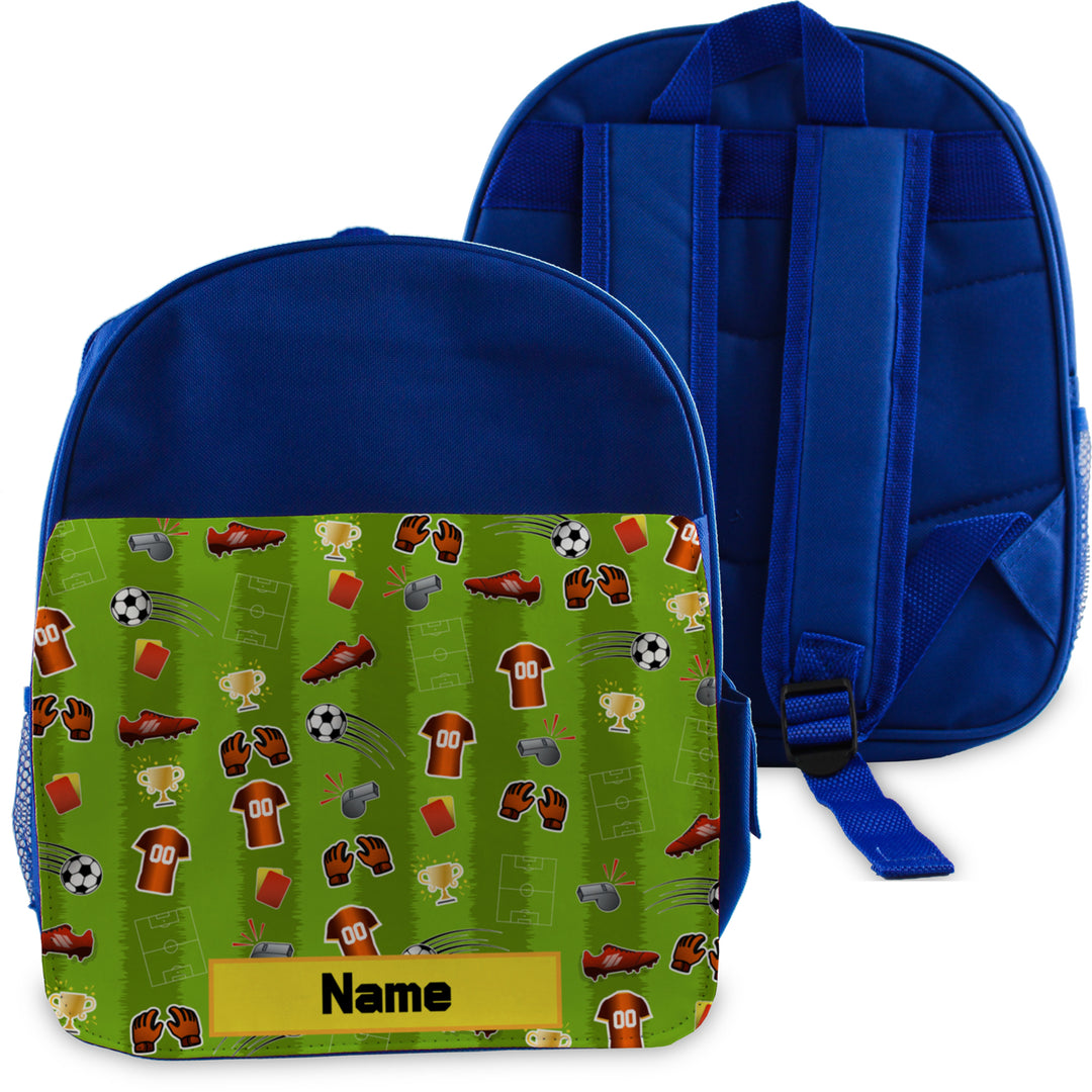 Printed Kids Blue Backpack with Football Pitch Design, Customise with Any Name Image 1