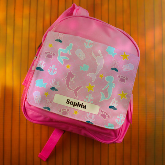 Printed Kids Pink Backpack with Mermaid Design, Customise with Any Name Image 4