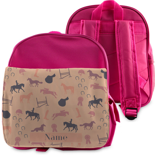 Printed Kids Pink Backpack with Horse Riding Design, Customise with Any Name Image 2