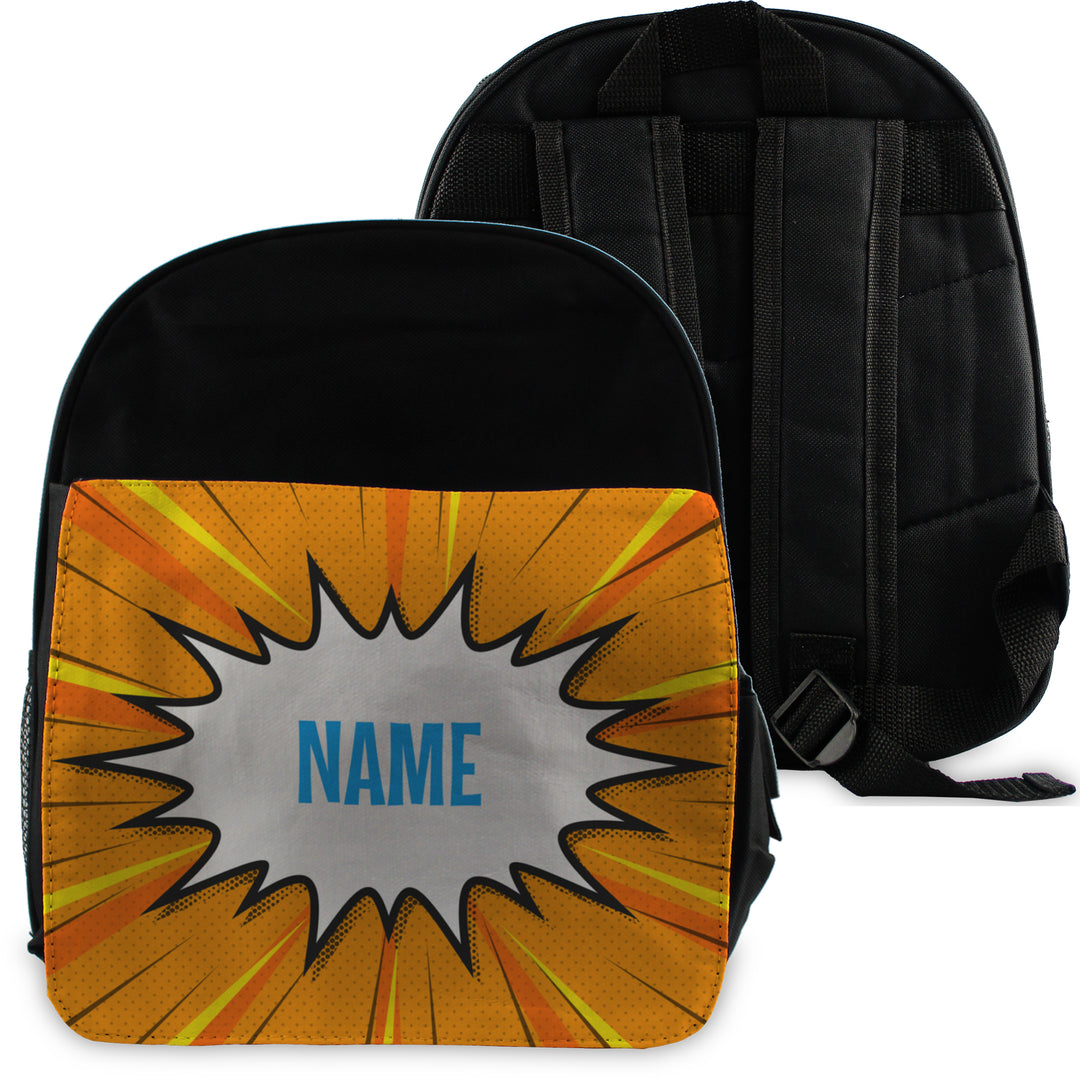 Printed Kids Black Backpack with Comic Book Superhero Design, Customise with Any Name Image 1