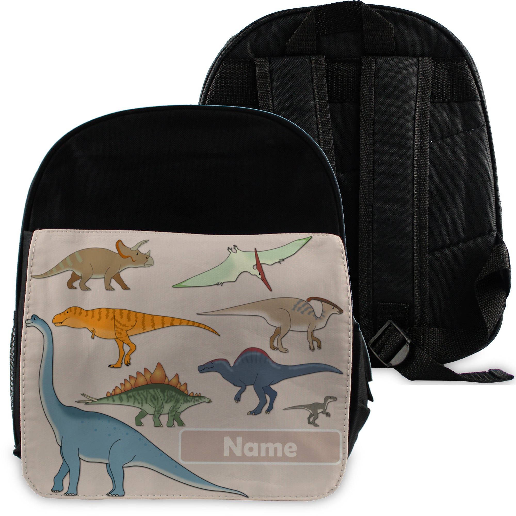 Printed Kids Black Backpack with Dinosaur Design, Customise with Any Name Image 1