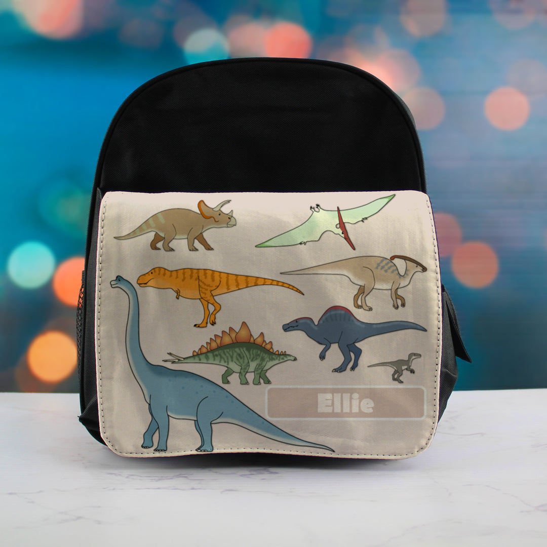 Printed Kids Black Backpack with Dinosaur Design, Customise with Any Name Image 3