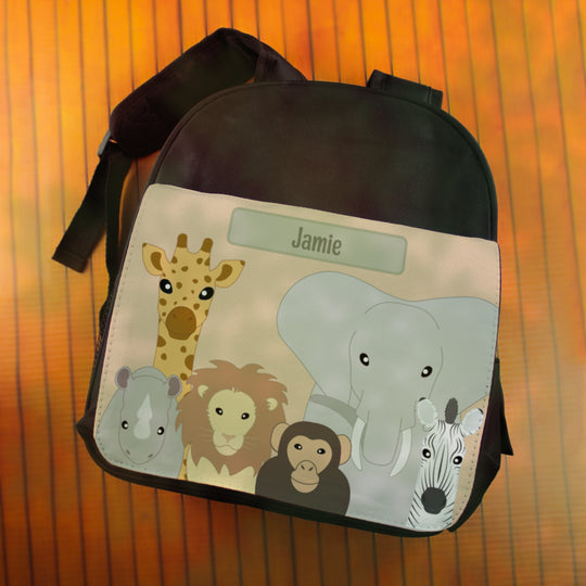 Printed Kids Black Backpack with Safari Animals Design, Customise with Any Name Image 4