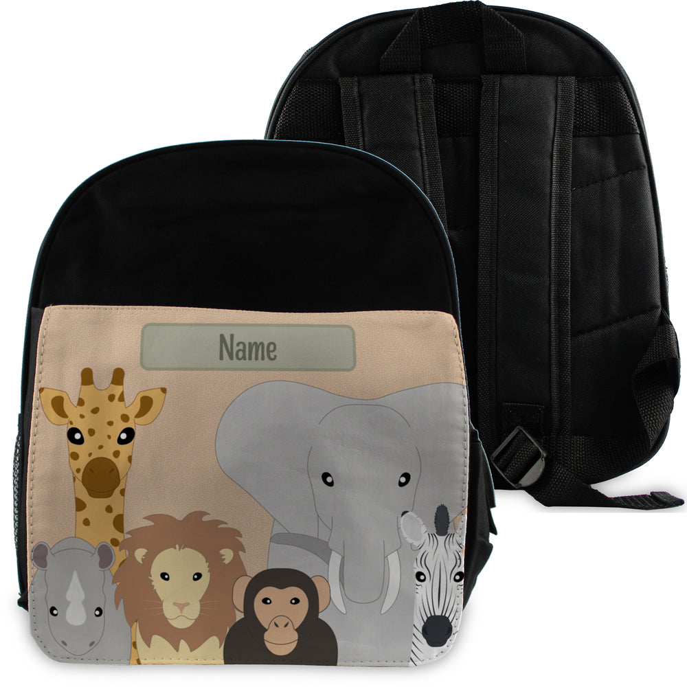 Printed Kids Black Backpack with Safari Animals Design, Customise with Any Name Image 2