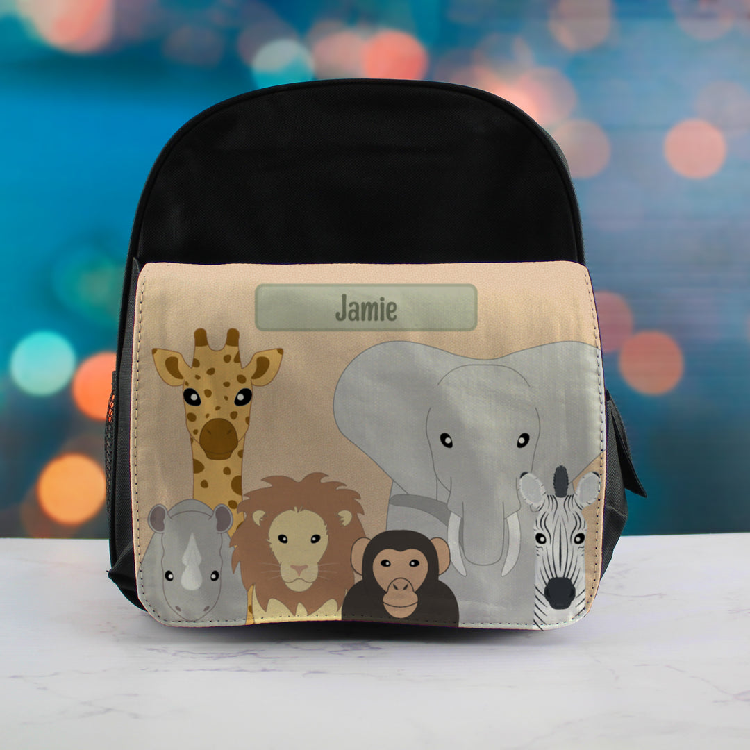 Printed Kids Black Backpack with Safari Animals Design, Customise with Any Name Image 3