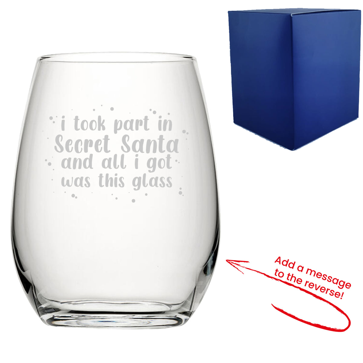 Engraved Stemless Wine Glass with Secret Santa Dotted Design, Add Message to Reverse Image 1