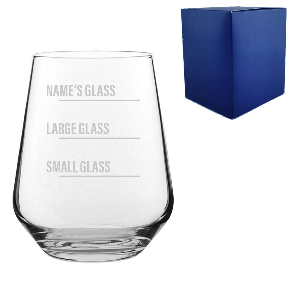 Personalised Engraved Stemless Allegra Wine Glass with Name's Glass Bold Measurements Design, Customise with Any Name Image 2