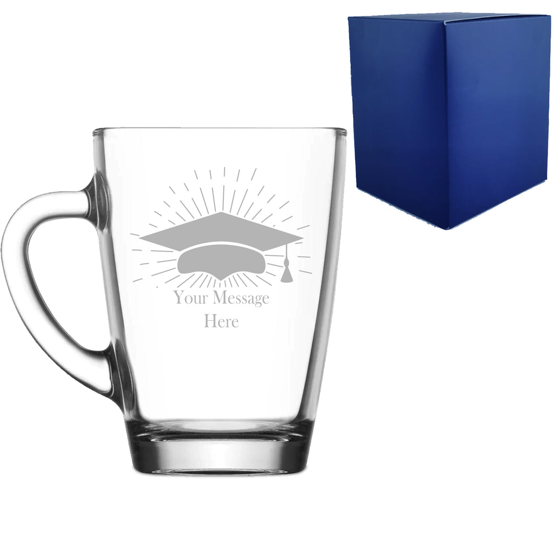 Personalised Engraved Graduation Glass Coffee Cup with Grad Cap Burst Design, Personalise with Any Name or Message Image 1