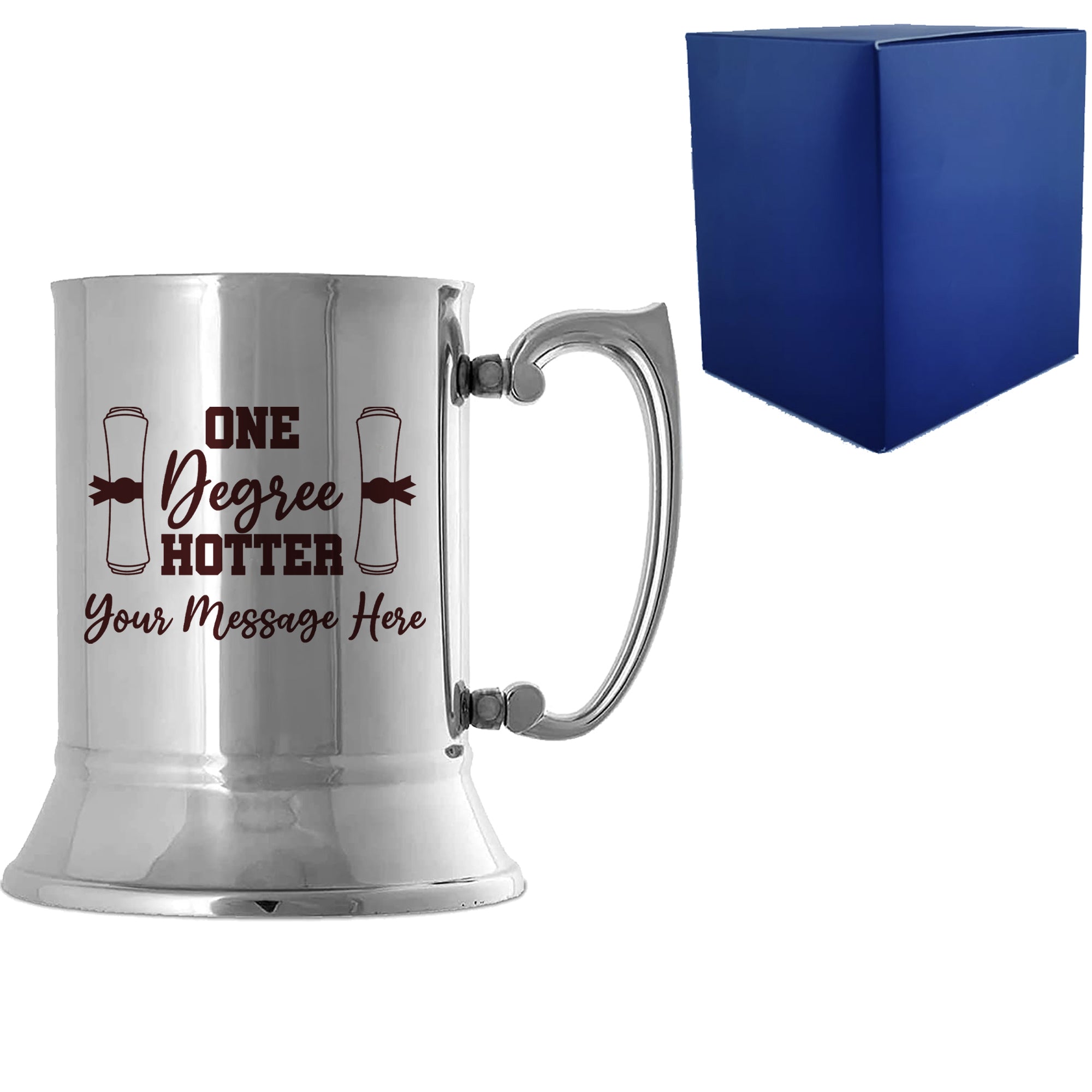 Personalised Engraved Graduation Steel Tankard with 'One Degree Hotter' Design, Personalise with Any Name or Message Image 1