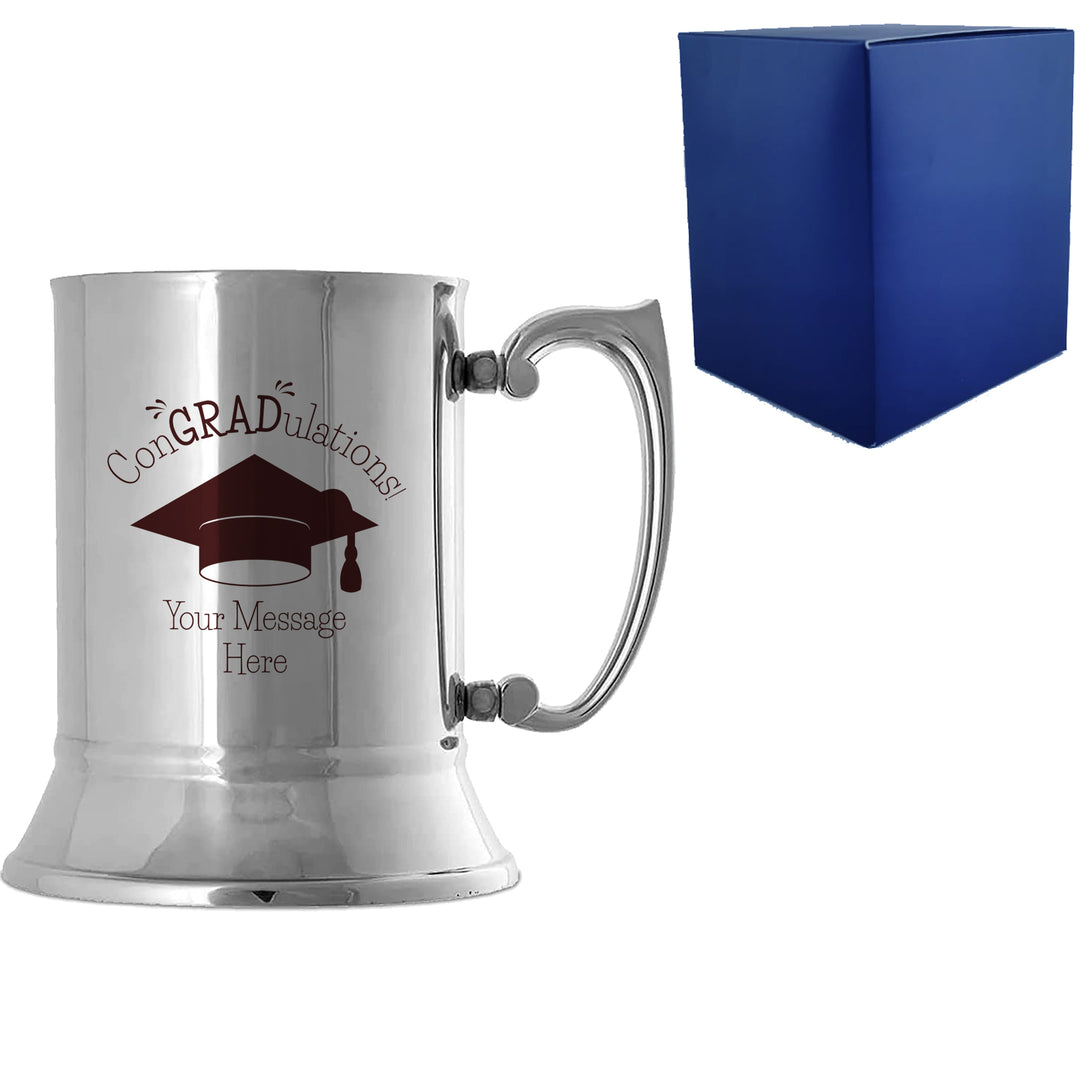 Personalised Engraved Graduation Steel Tankard with 'ConGRADulations' Design, Personalise with Any Name or Message Image 1