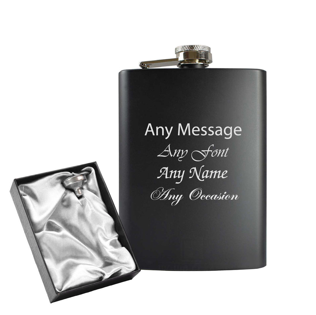 Engraved 8oz Black Hip flask - Any Name, Message, Font - silver satin gift box Image 1