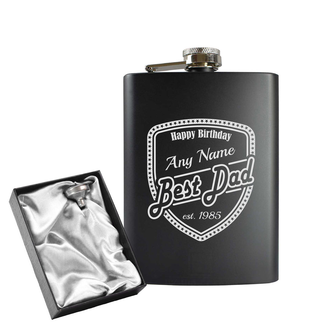 Engraved 8oz Black Hip flask with Birthday shield Image 2