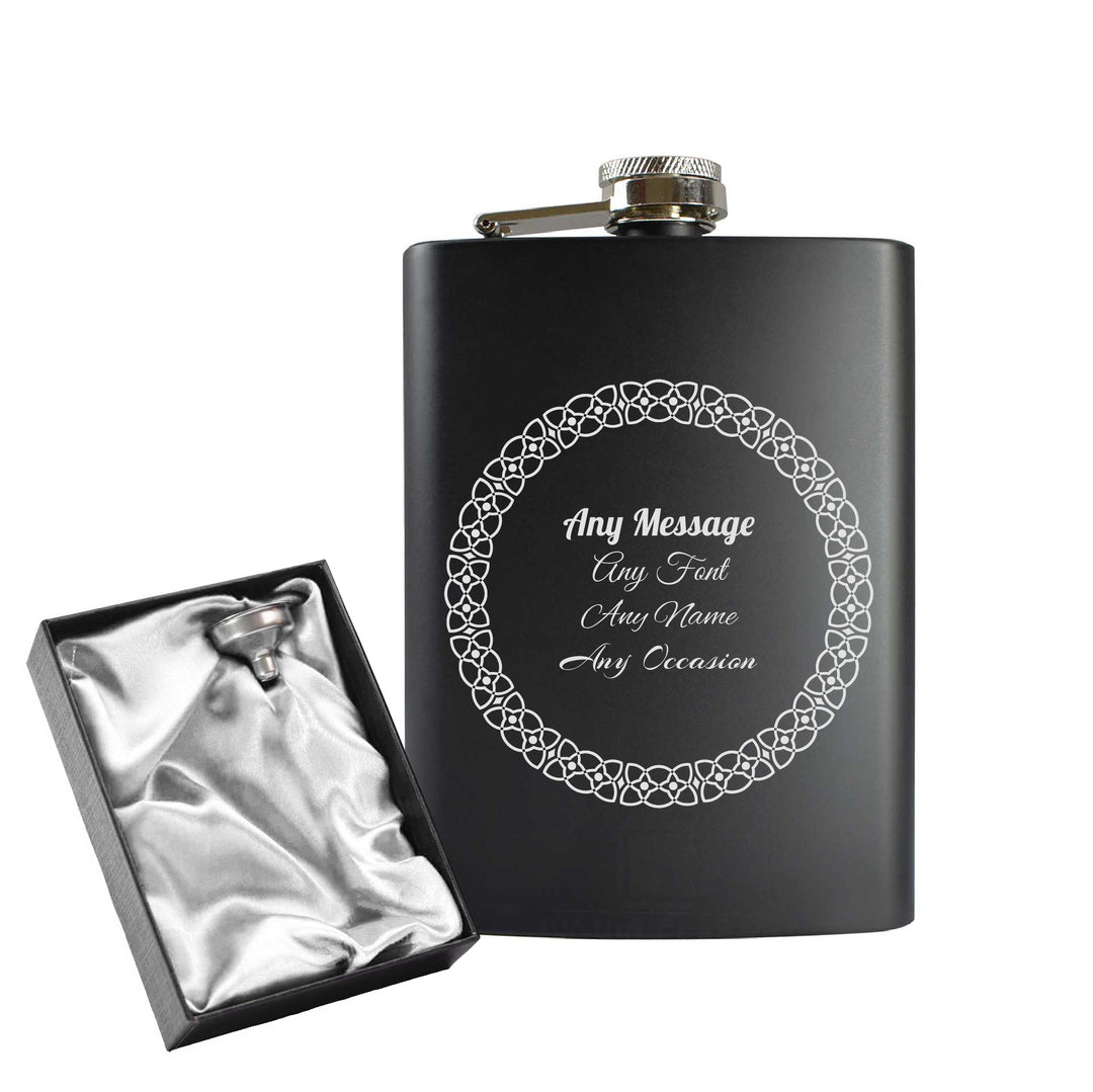 Engraved 8oz Black Hip flask with Circle border Image 1