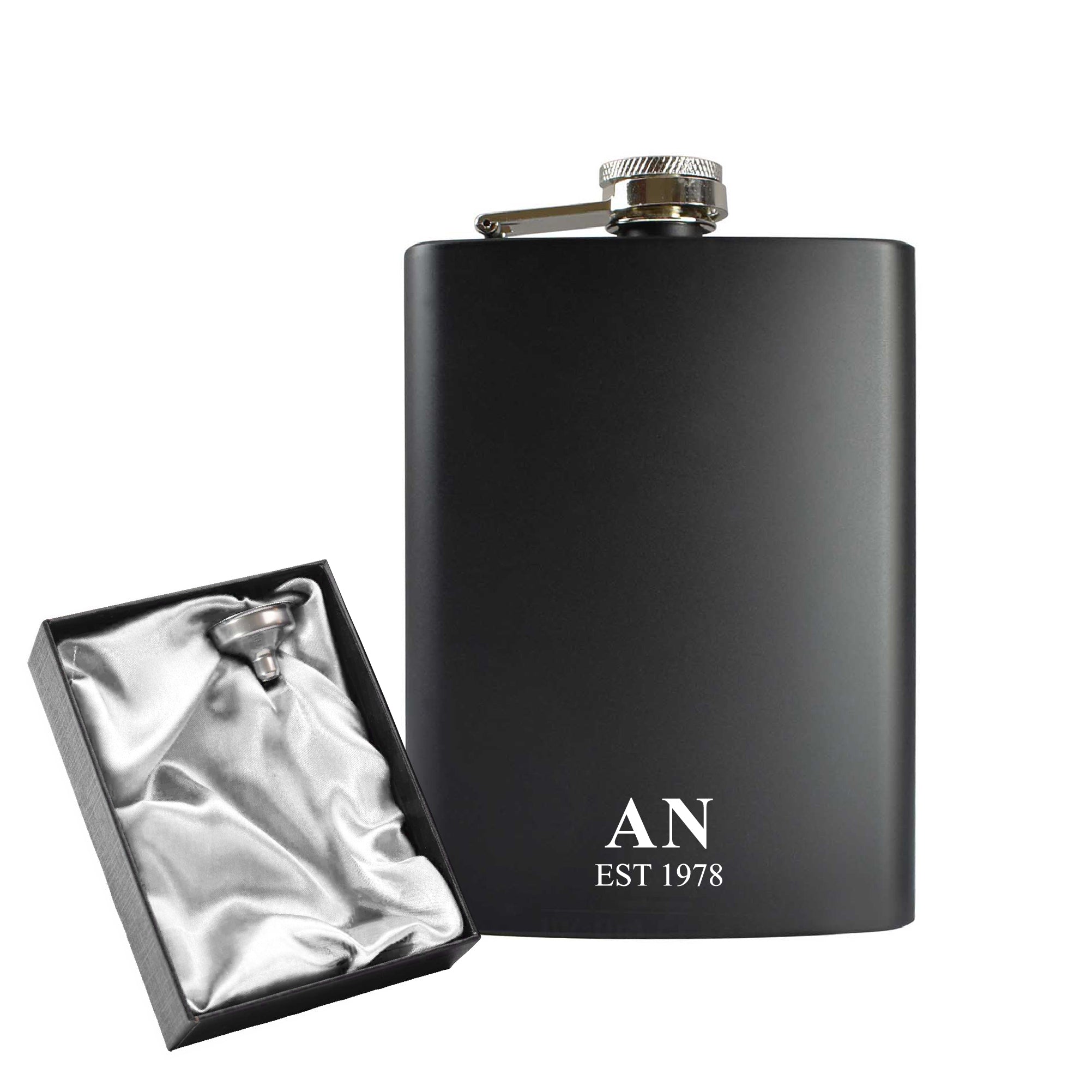 Engraved 8oz Black Hip flask with Initials and Date Image 1