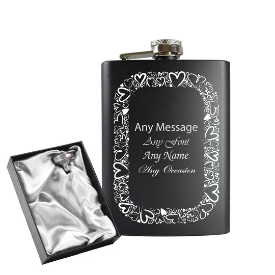 Engraved 8oz Black Hip flask with Heart border Image 2