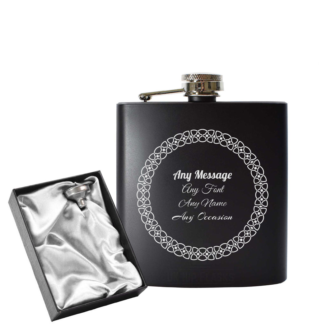 Engraved 6oz Black Hip flask with Circle border Image 2