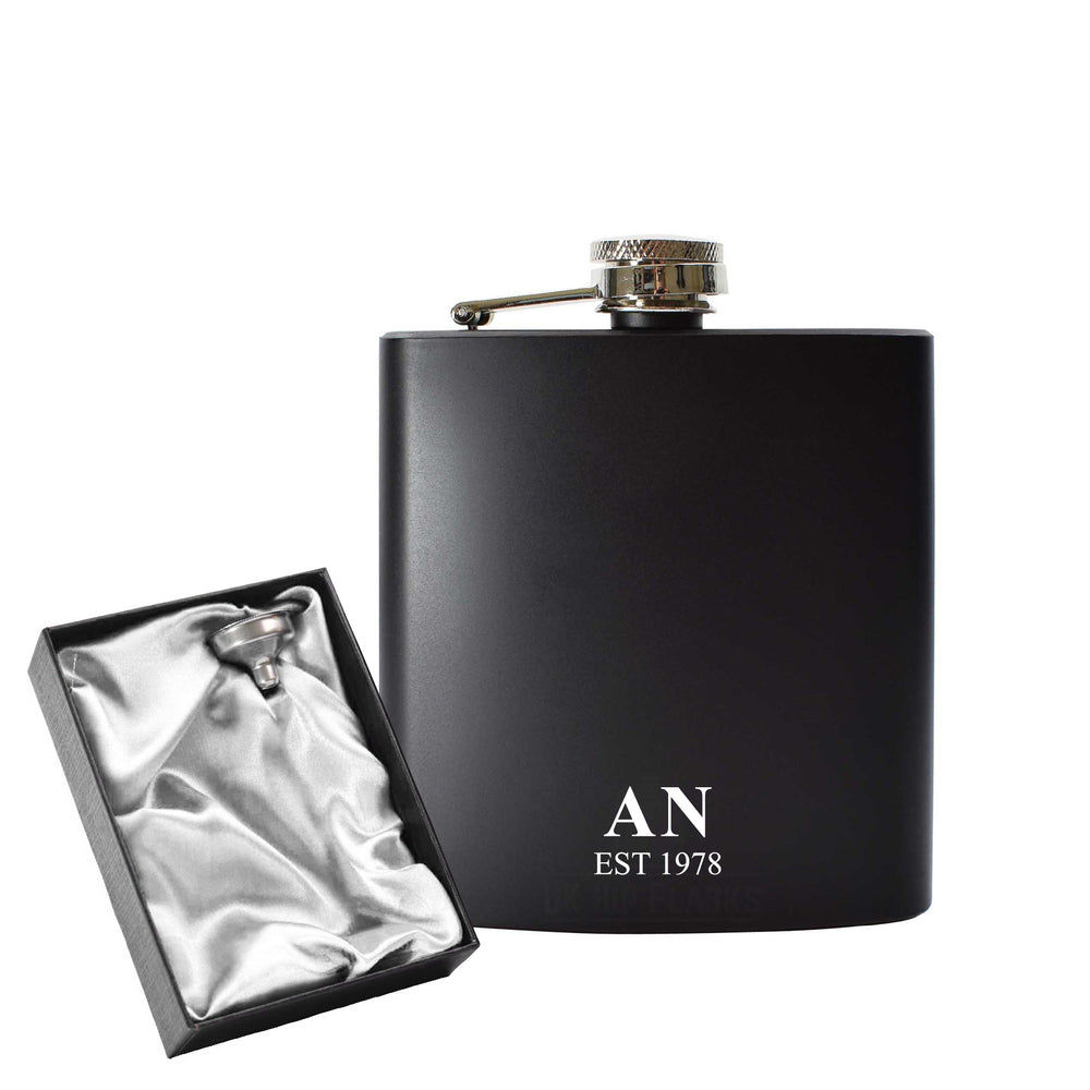 Engraved 6oz Black Hip flask with Initials and Date Image 2