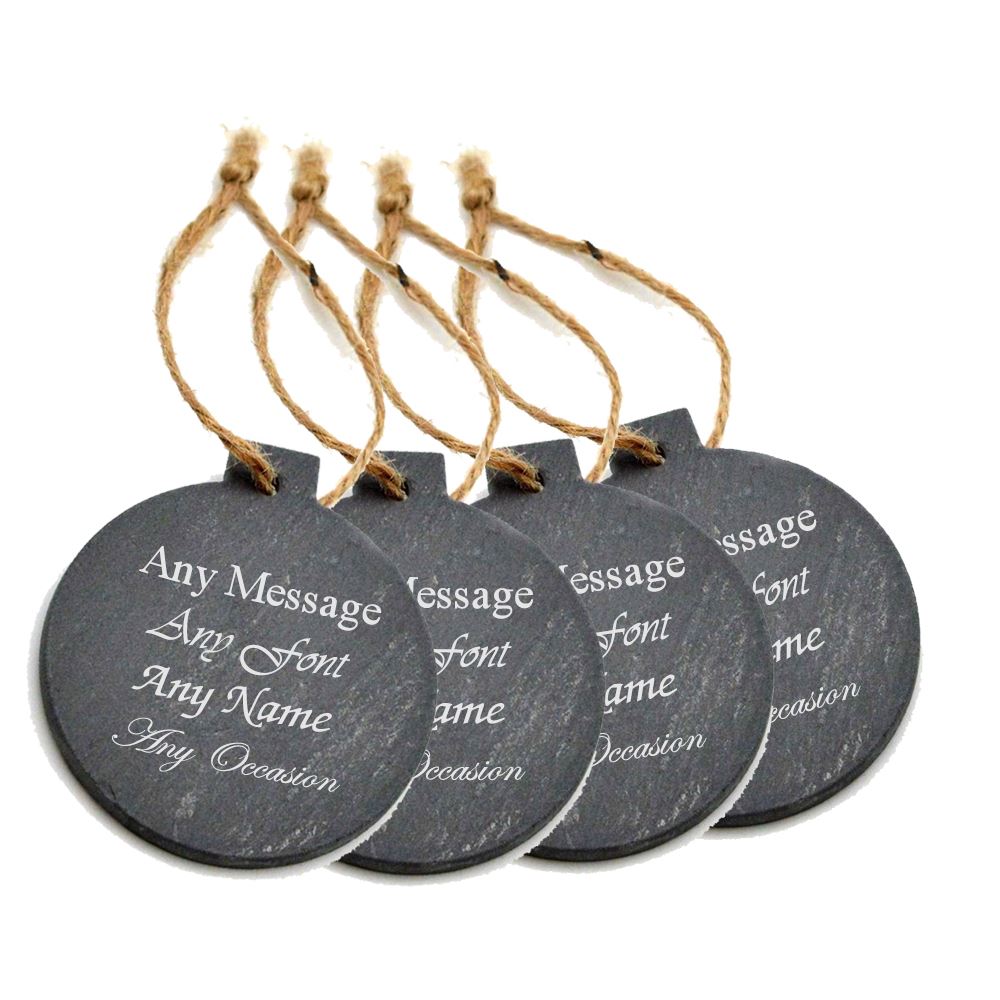 Personalised Engraved Christmas Tree Hanging Slate Decoration - Bauble Design - Set of 4 Image 1