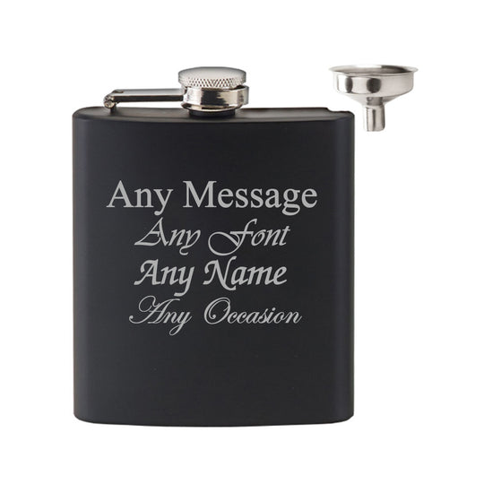 Personalised Engraved Matt Black 6oz Hip Flask with Funnel, Any Message Engraved, Perfect for any Occasion Image 2