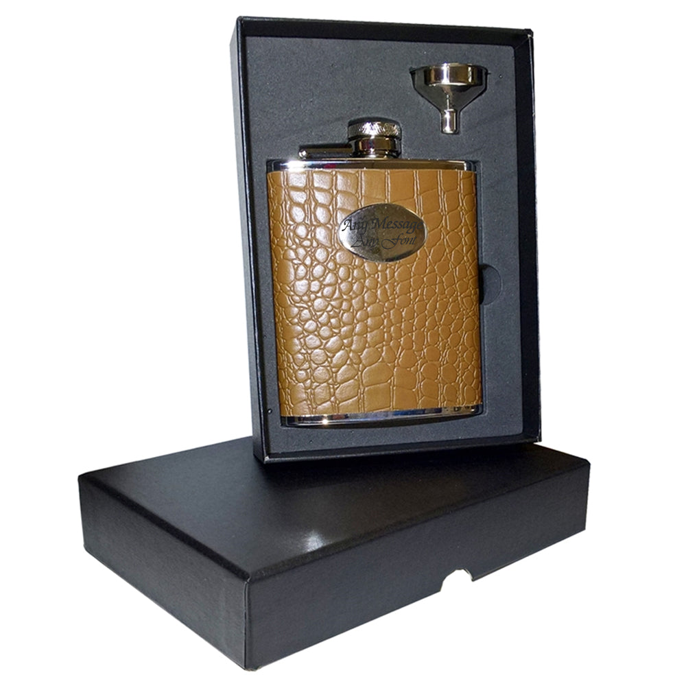 Engraved 6oz Brown Faux Crocodile Hip Flask with Funnel Image 2