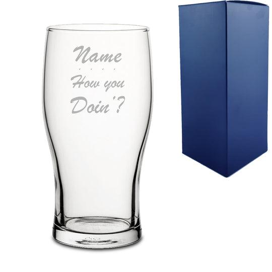 Engraved Funny "Name, How you doin'?" Novelty Pint Glass With Gift Box Image 1