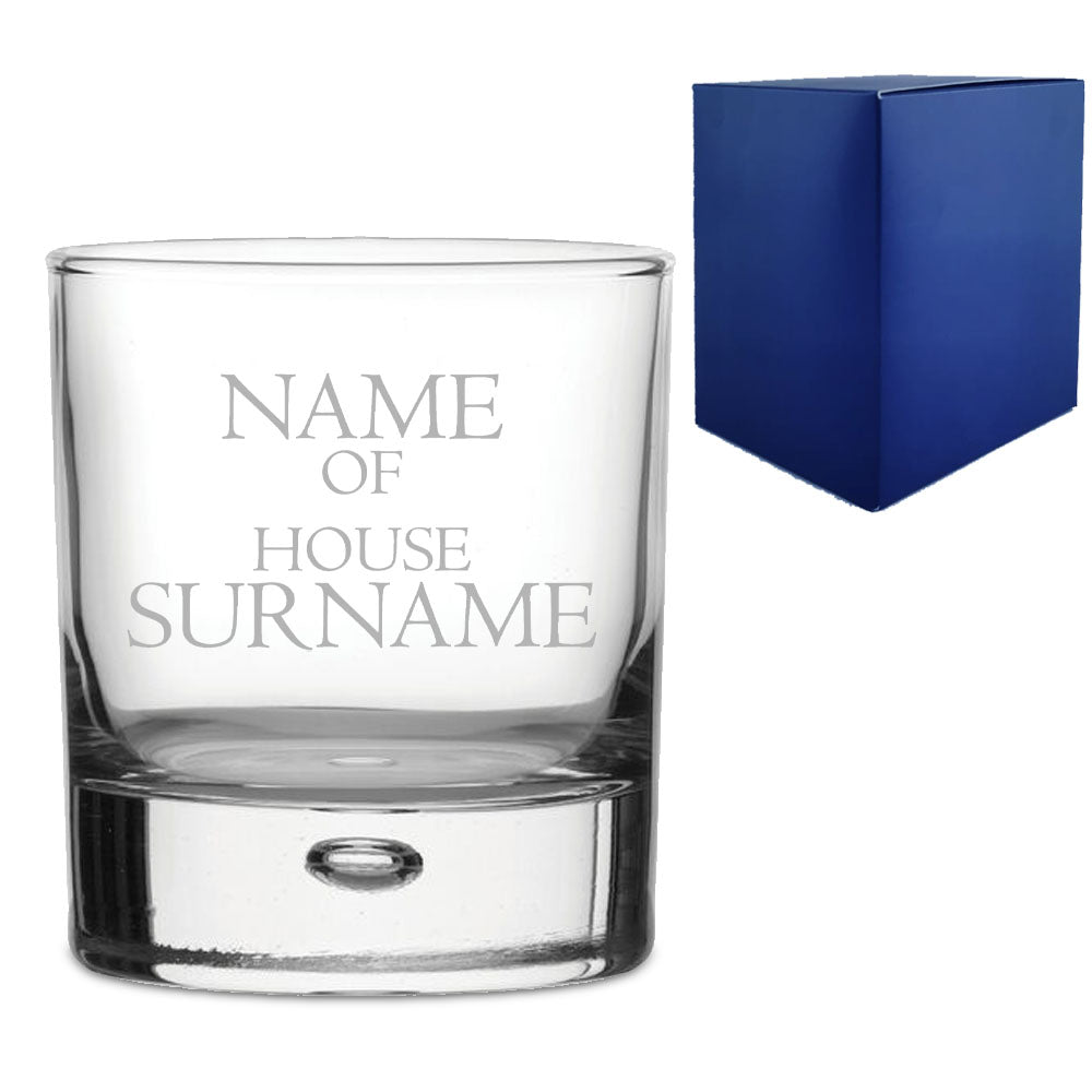 Engraved "Name of House Surname" Novelty Whisky Tumbler With Gift Box Image 1