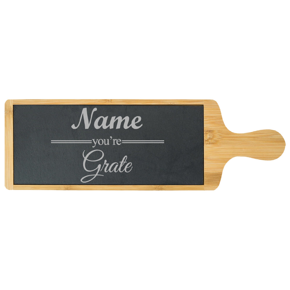 Engraved Bamboo and Slate Cheeseboard with Name you're Grate Design Image 2