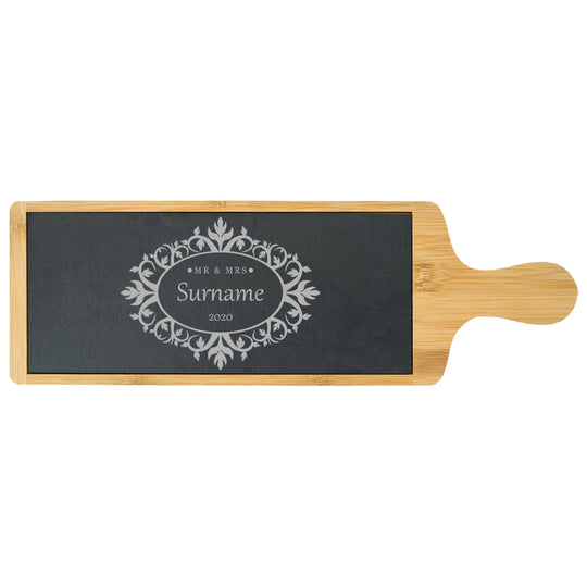 Engraved Bamboo and Slate Cheeseboard with Mr and Mrs Design Image 1