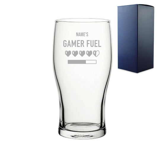 Engraved Pint Glass with Name's Gamer Fuel Hearts Design, Gift Boxed, Personalise with any name for any gamer Image 1