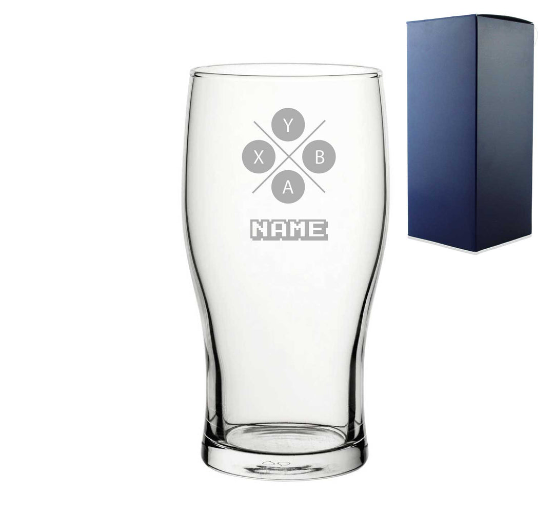 Engraved Pint Glass with X controller Button Design, Gift Boxed, Personalise with any name for any gamer Image 1