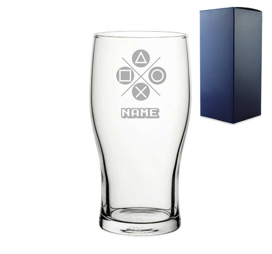 Engraved Pint Glass with Play Controller Button Design, Gift Boxed, Personalise with any name for any gamer Image 1