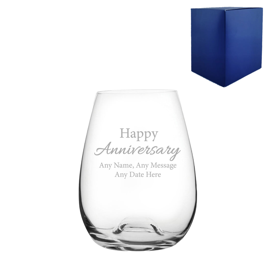 Engraved Happy Anniversary Stemless Wine Glass, Any Message, 15oz Bordeaux, Handwritten Design Image 2