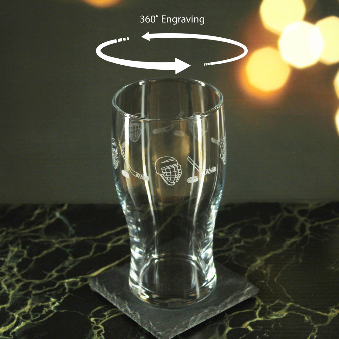 Engraved Ice Hockey Pattern Pint Glass Set of 4, 20oz Tulip Glasses Image 4