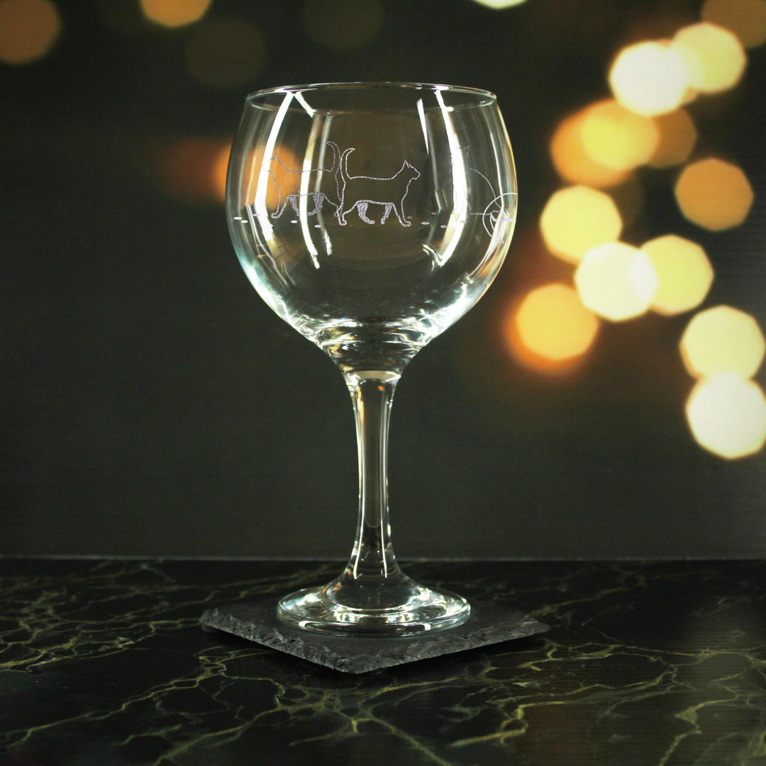 Engraved Cat Pattern Gin Balloon Set of 4 22.5oz Glasses. Image 3