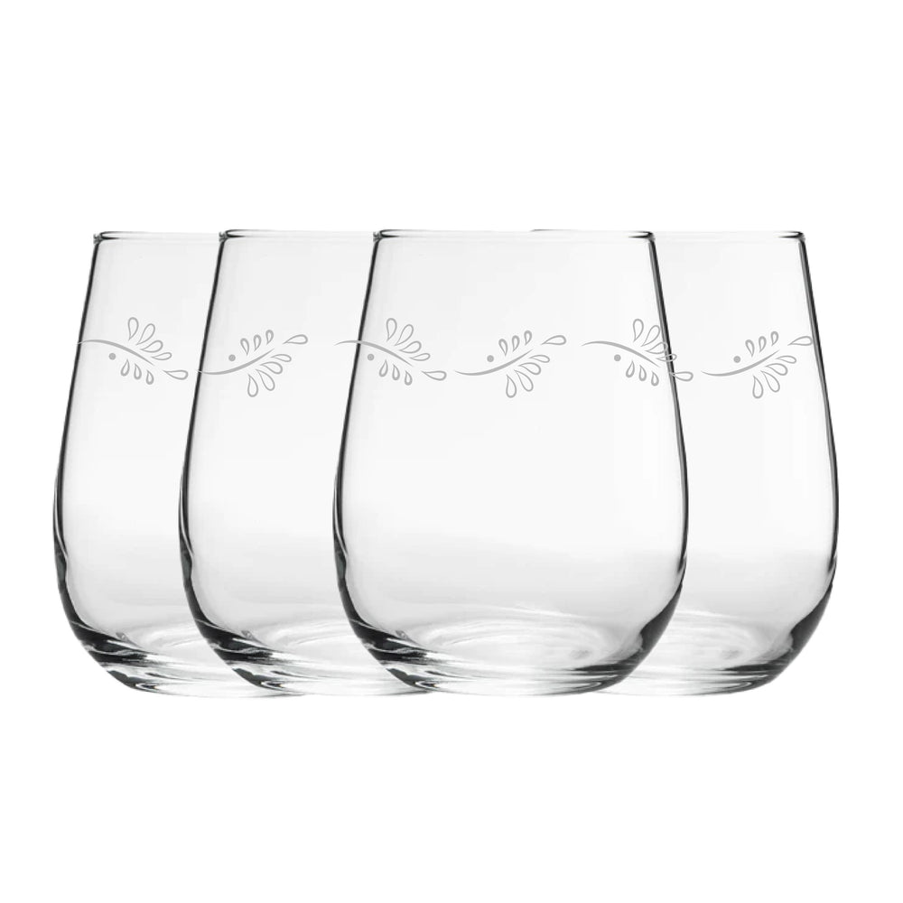 Engraved Leaves Pattern Set of 4 Gaia Stemless Wine 12oz Glasses Image 2