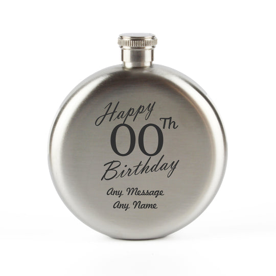 Engraved 5oz Round Steel Hip Flask Happy Custom Number Birthday Image 4