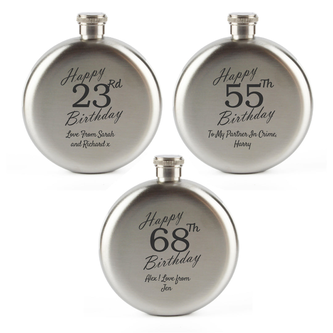 Engraved 5oz Round Steel Hip Flask Happy Custom Number Birthday Image 5