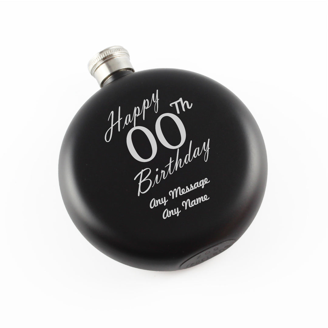 Engraved 5oz Round Black Hip Flask Happy Custom Number Birthday Image 2