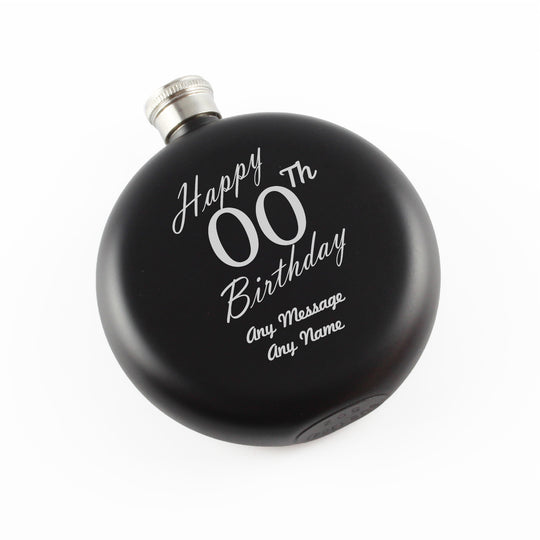 Engraved 5oz Round Black Hip Flask Happy Custom Number Birthday Image 2