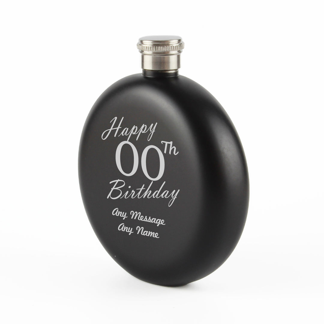 Engraved 5oz Round Black Hip Flask Happy Custom Number Birthday Image 3