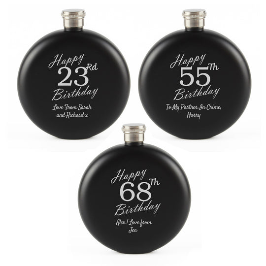 Engraved 5oz Round Black Hip Flask Happy Custom Number Birthday Image 5