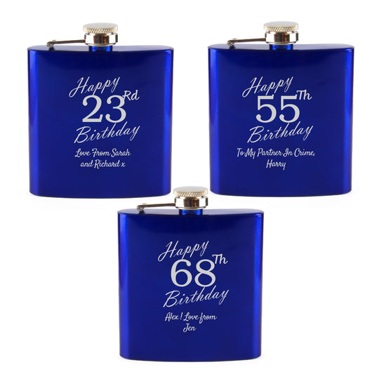 Engraved 6oz Blue Steel Hip Flask Happy Custom Number Birthday Image 5